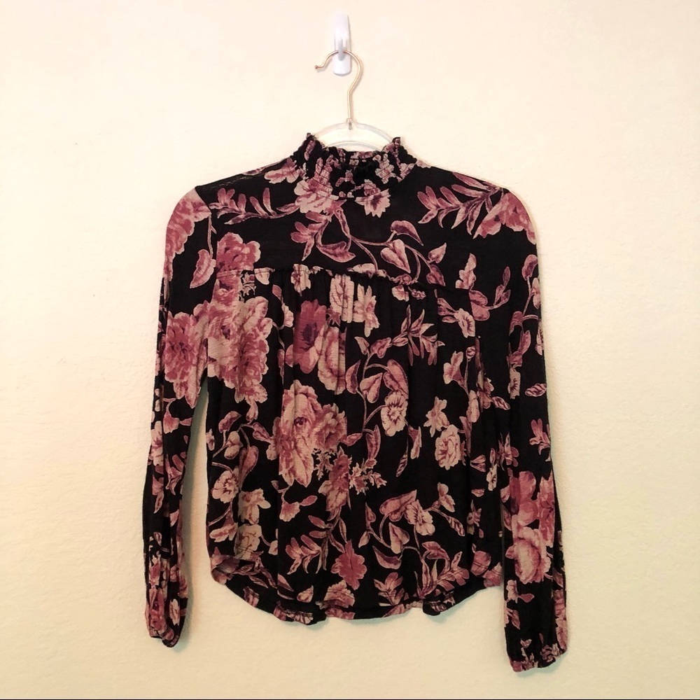 Lucky Brand Floral Mockneck Blouse Long Sleeves XS